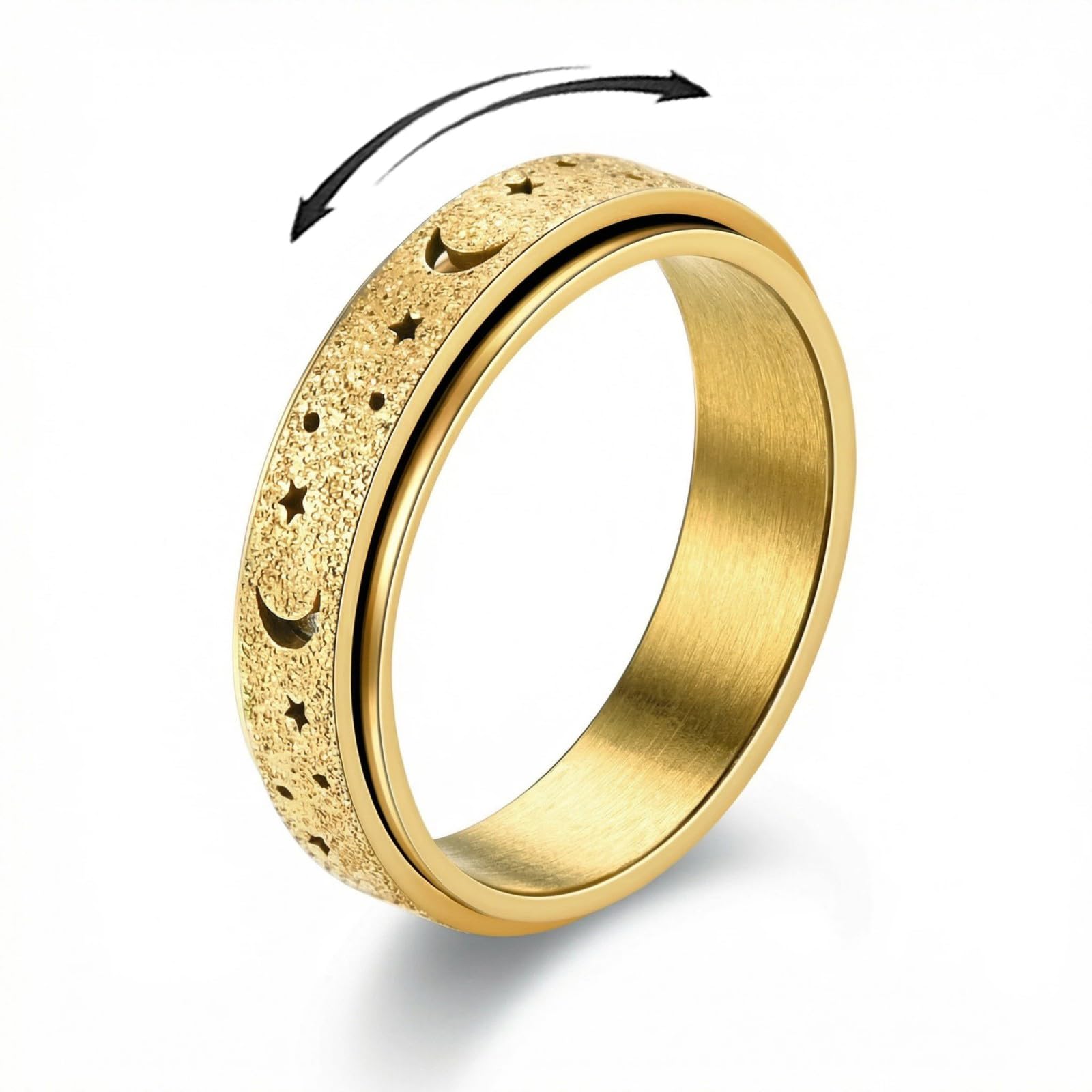 Zhaohyjianm Fidget Ring for Anxiety Relief - Stainless Steel Spinner Ring with Moon & Star, Stress Relief Calm Ring for Women & Men, Smooth Roller Fidget Band Ring (Gold, 12) — image 1
