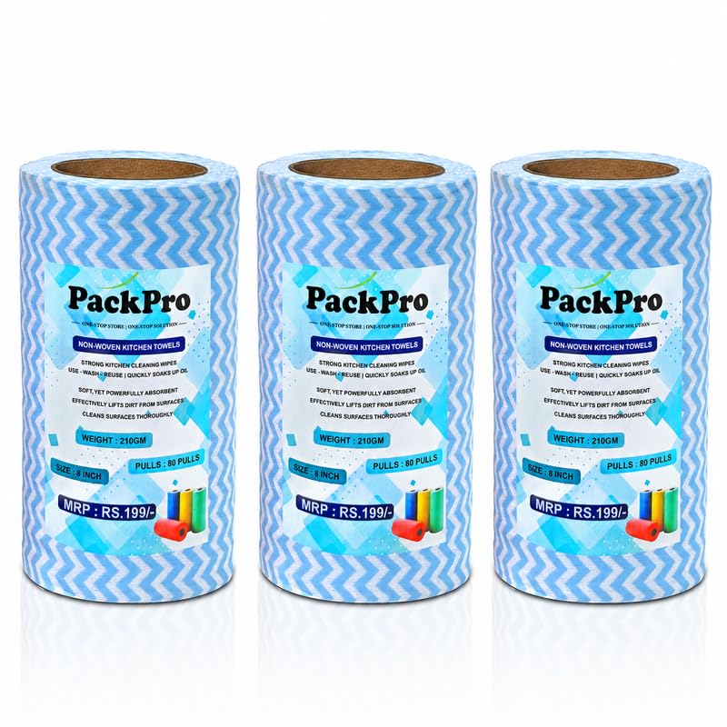 Image of Non-Woven Kitchen Towel Roll | Blue | 240 Pulls | 80 Pulls x 3 Rolls | Washable, Eco-Friendly, Disposable Cleaning Towels for Home, Office, and Kitchen Use | Soft & Highly Absorbent