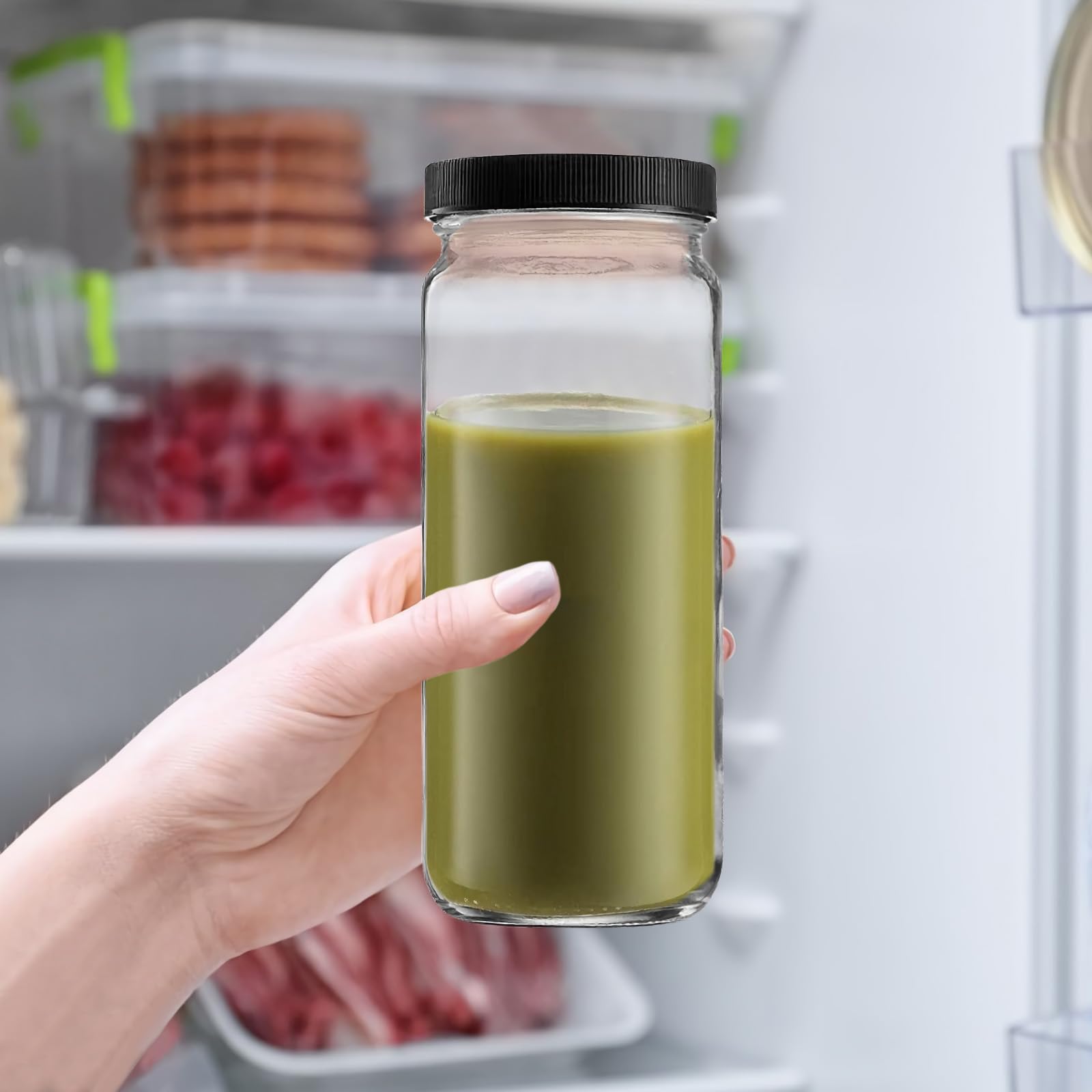 Paquete de 4 botellas de vidrio para jugo, tarros de viaje de 16 onzas, vasos de agua con tapas herméticas negras, tarro alto reutilizable para jugo, té de burbujas, batidos, té, kombucha (negro)