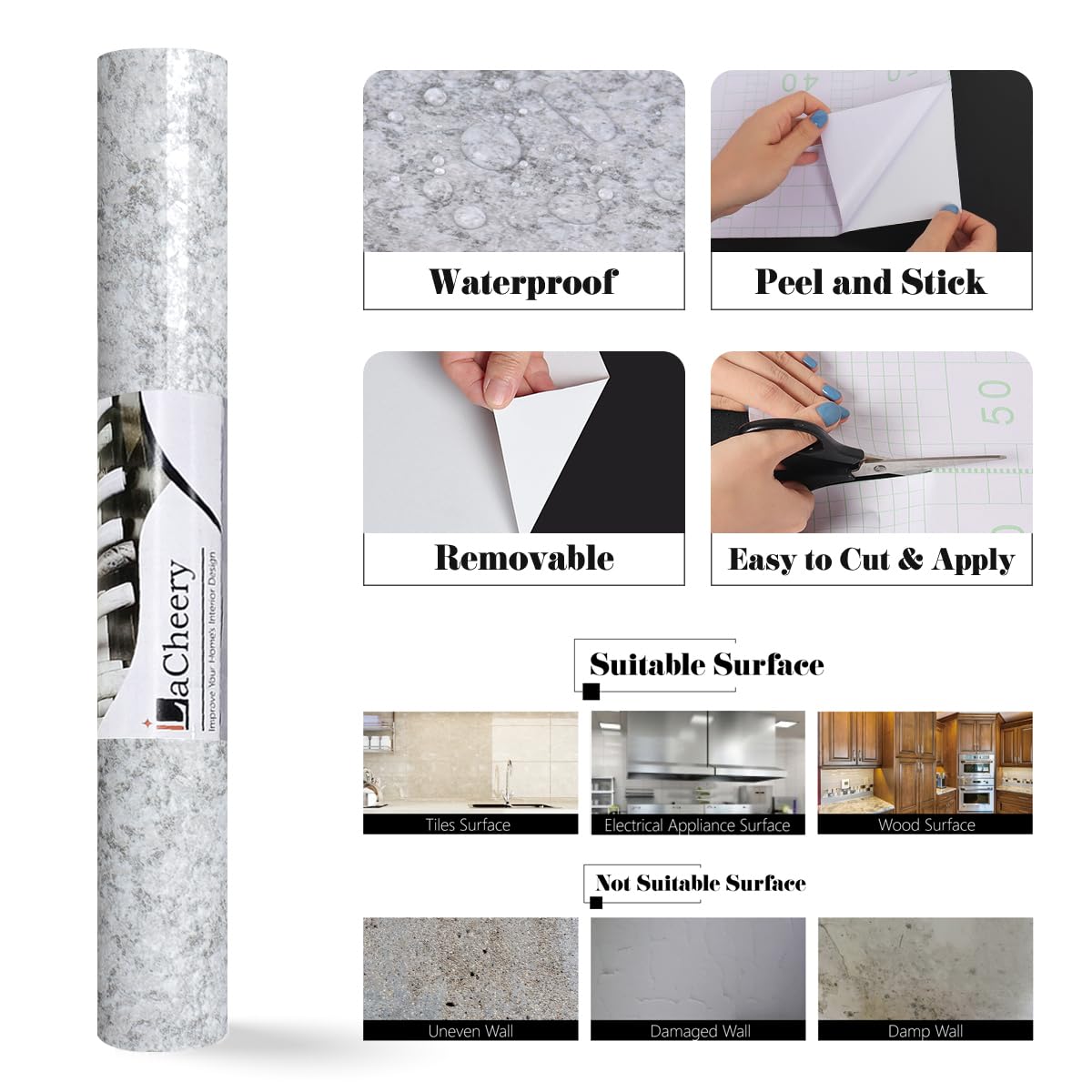 LaCheery Efecto Granito Vinilo Adhesivo Muebles Gris Claro Brillante Papel Encimera Cocina 90cm x 400cm Papel Adhesivo para Muebles Vintage Imperméable Rollo Revestimiento Pared para Mesa Encimera