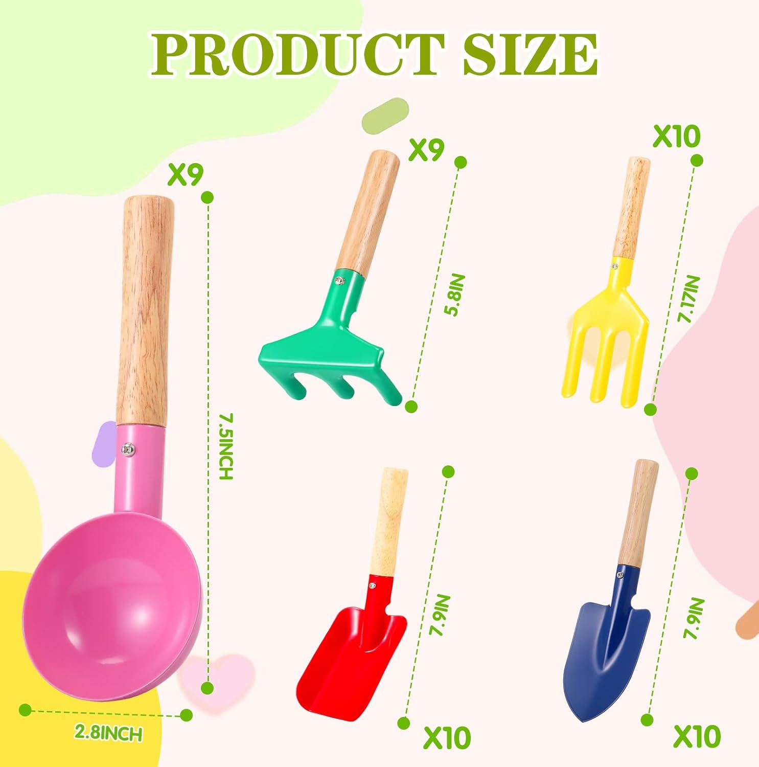 48 Pcs Children Beach Sand Toys Kids Gardening Tools Set Metal Including Shovel, Rake, Fork and Trowel, Summer Beach Sandbox Digging Toys with Wooden Handle Hoe for Kid Outdoor Gift
