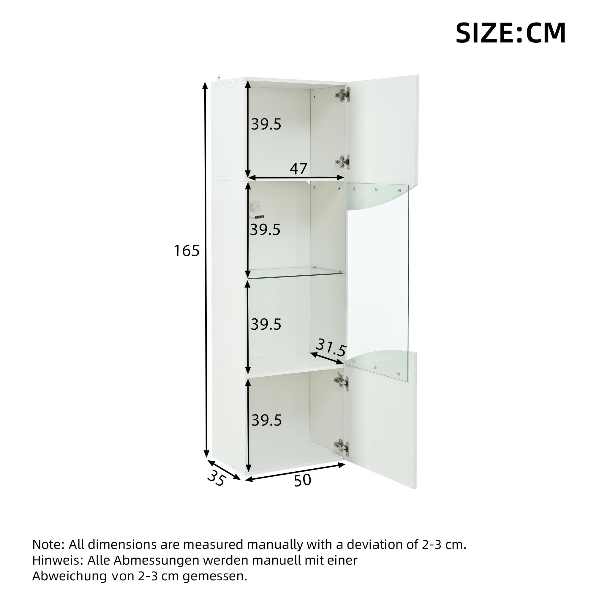 SUKY Vetrina lucida, 35 x 50 x 165 cm, con superficie concava ad arco, per soggiorno, con grande capienza, bianco