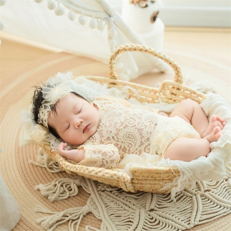 Newborn Photography Outfits Girl, Baby Girl Photoshoot Props, Lace Romper with Headband for 0-3 Months Newborn - Image 4