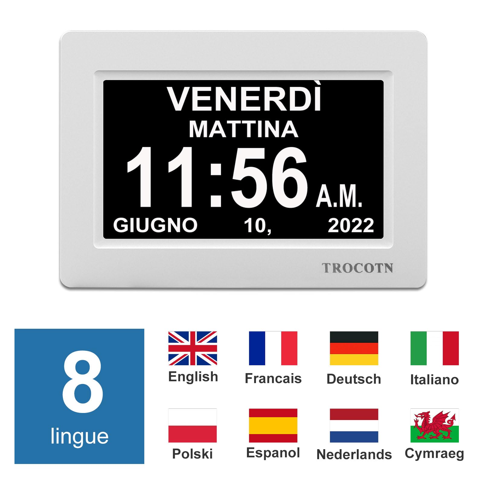 TROCOTN Orologio digitale da 7 Pollici Calendario Orologio da parete con ampio display Sveglia (Bianco)