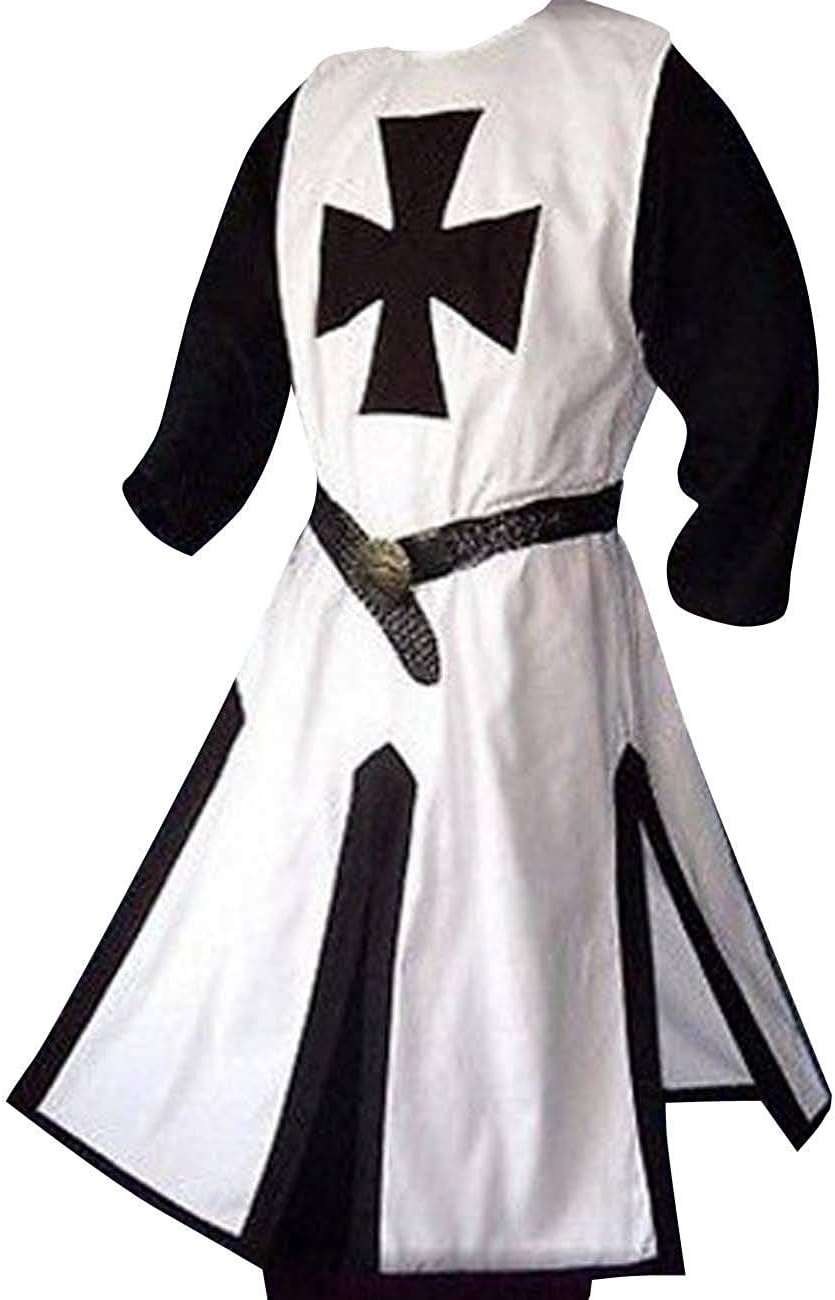 EnjoybuyMens Medieval Crusader Knights Templar Tunic Costumes Renaissance Halloween Warrior Black Plague Cloak Cosplay Top