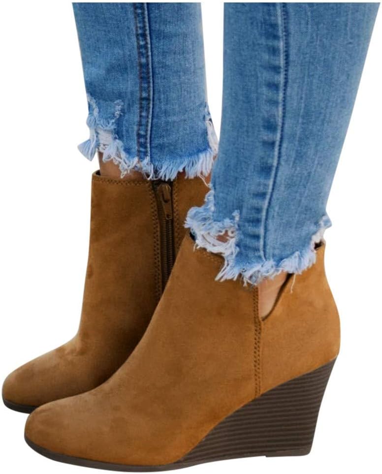 Womens Wedge Ankle Boots Cutout Stacked High Heel Winter Booties Side Zipper Shoes
