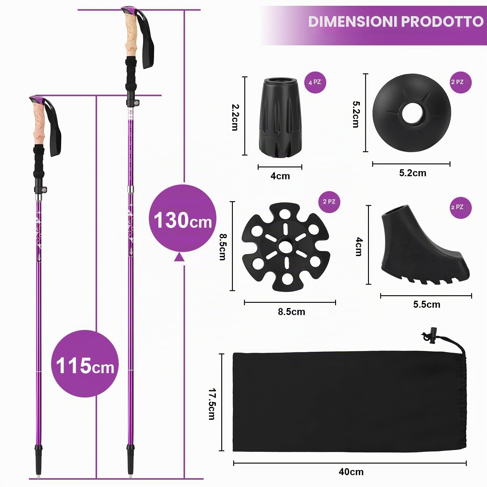 Bastoni da Trekking Alluminio,bastoncini da passeggio pieghevoli 115-135 cm,bastoncini da nordic walking,per donna e uomo,leggeri ed estensibili,con 5 Paia di Cuscinetto,per trekking ed escursionismo