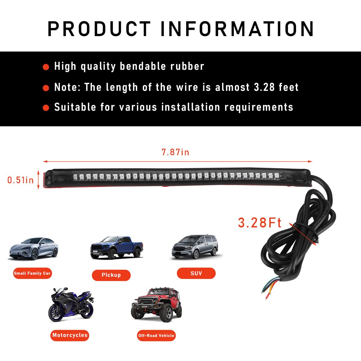 KVAEY Universal LED Strip Tail Brake Stop Light, 8
