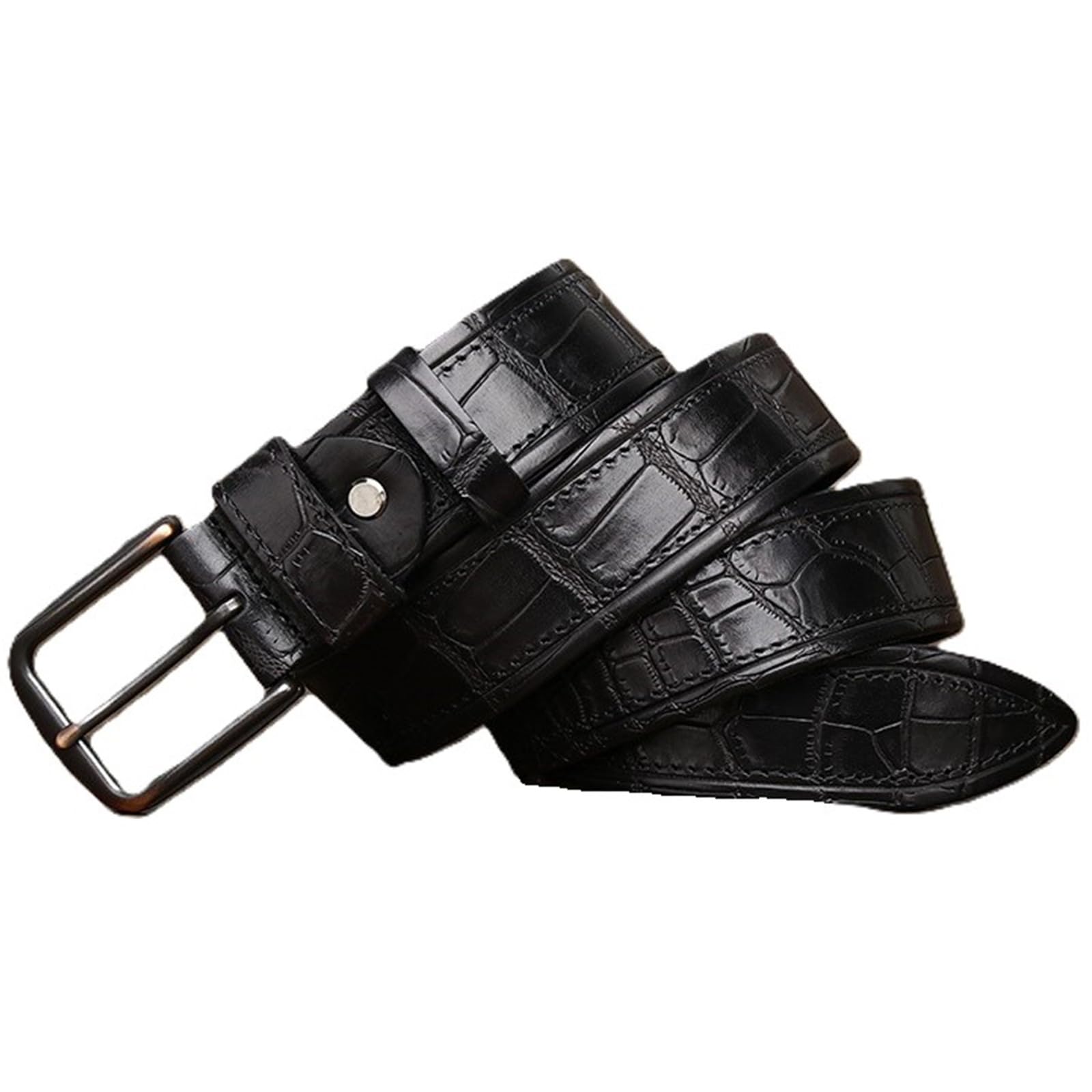 AGUTALITHIC Men's Women's Embossed Crocodile Pattern Cowhide Leather Hand Stitched Belt with Vintage Buckle 3.7cm Wide Strap(130cm/51, Black)