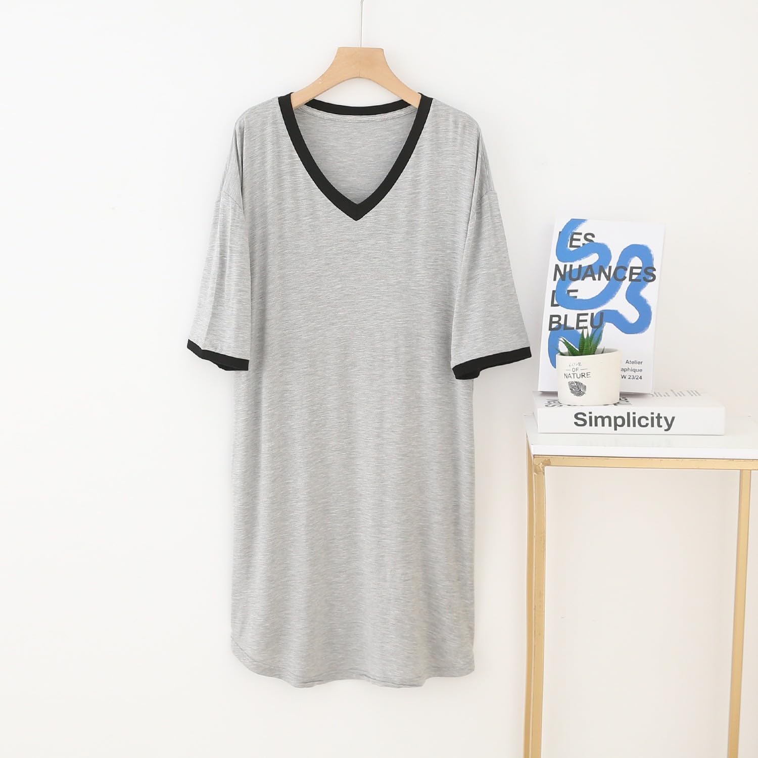 Men's Nightshirt Comfy Nightwear Big&Tall V-Neck Short Sleeve Soft Modal Loose Pajamas Sleep Shirt