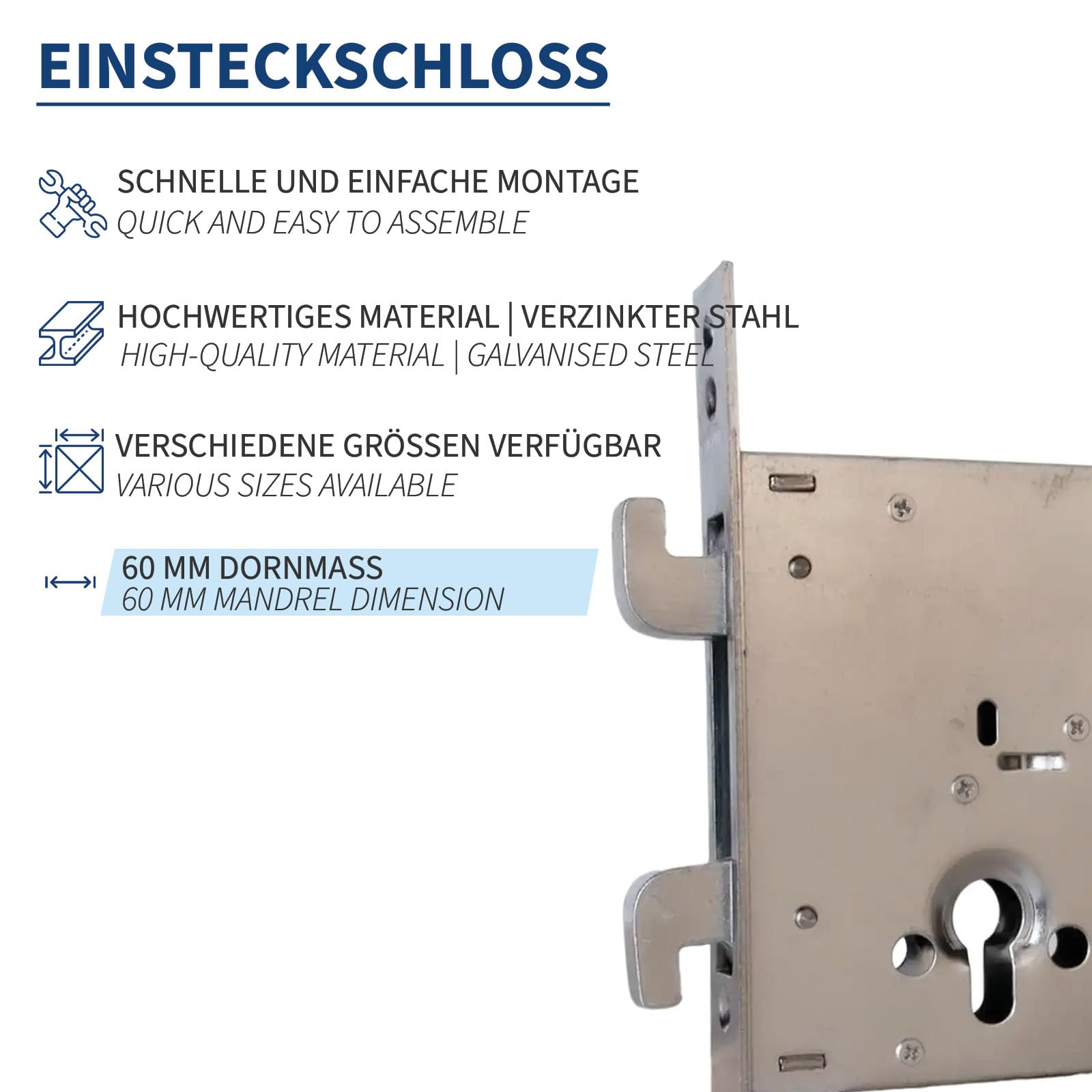 ATTAS Serrure à crochet double 60 mm pour portes coulissantes, serrure à mortaise en haut/bas, 140 x 110 mm, dimensions d'encastrement pour l'extérieur intérieur, serrure à cylindre et matériel de