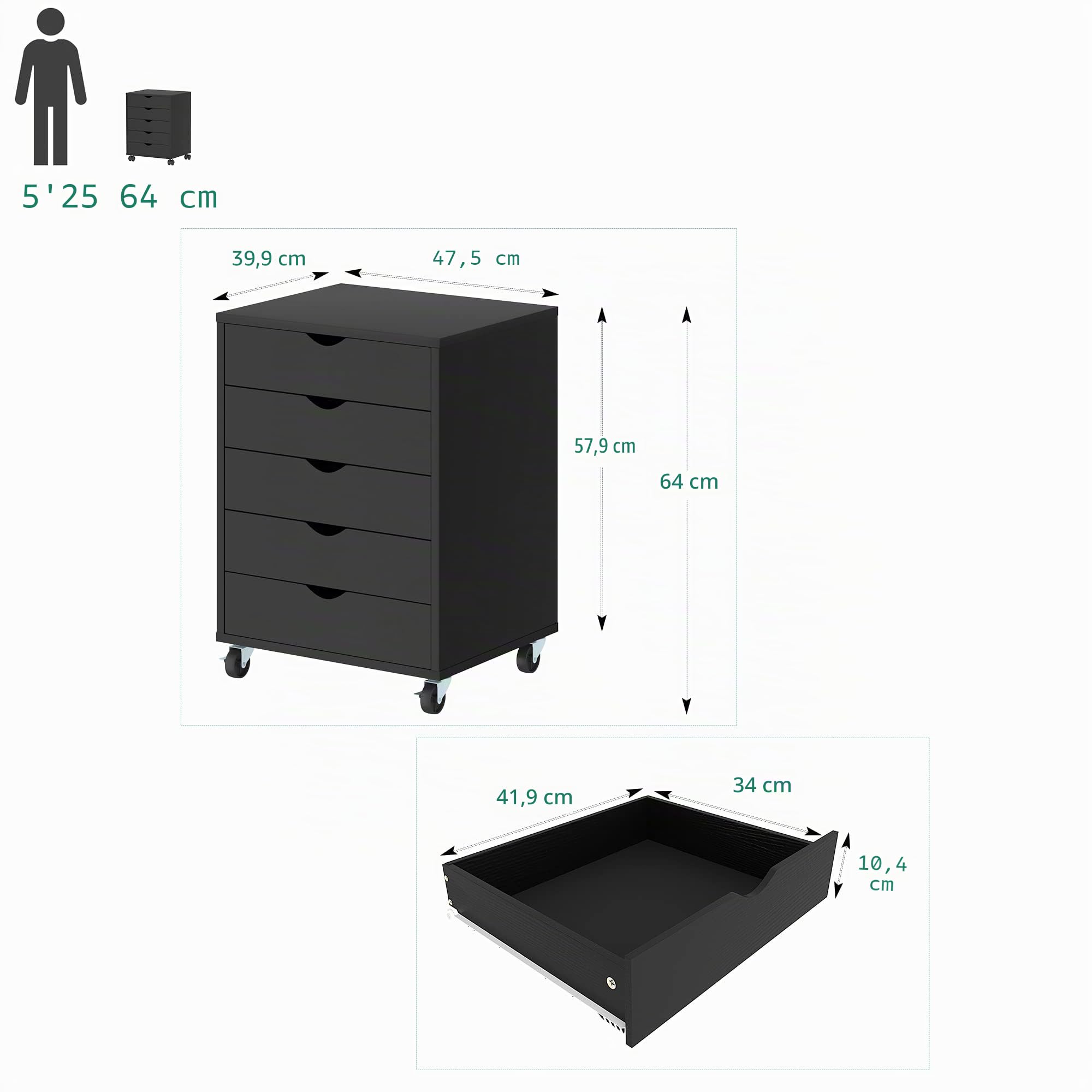YITAHOME Caisson de Bureau 5 tiroirs, Armoire de Rangement de Bureau Mobile, Convient pour Papier A4, Fichiers, Imprimantes Maison Caisson de Rangement, Noir