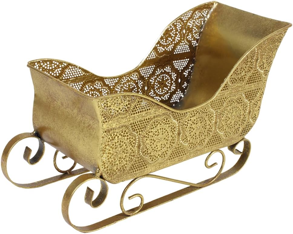 LOGOFUN Golden Christmas Sleigh Ornament Mini Metal Santa Sled Tabletop Decor Xmas Holiday Home Decoration
