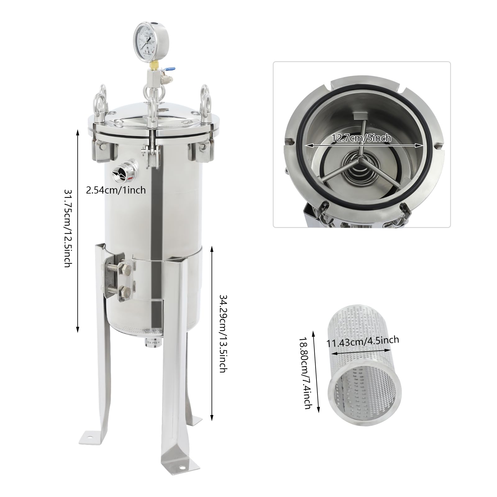 Carcasa de filtro de bolsa de acero inoxidable 304, filtro de agua para separación sólido-líquida, filtro de calcetines industrial con manómetro, superficie de filtro de 0,09 m², NPT 3/4 pulgadas