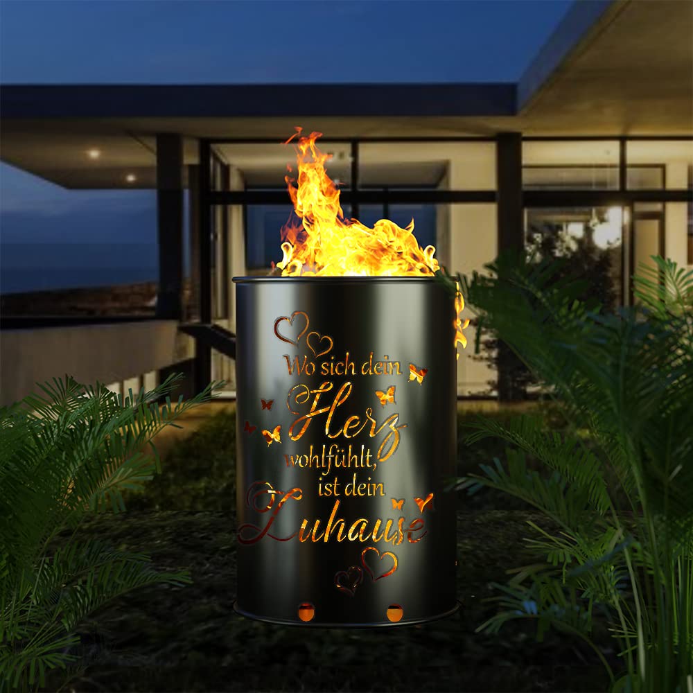 Feuertonne - Wo Sich Dein Herz wohlfühlt Motiv - Gefertigt aus neuem Ölfass - Feuerstelle für Garten und Terrasse - Hohe Feuerschale mit Rostoptik - 90 x 60 cm