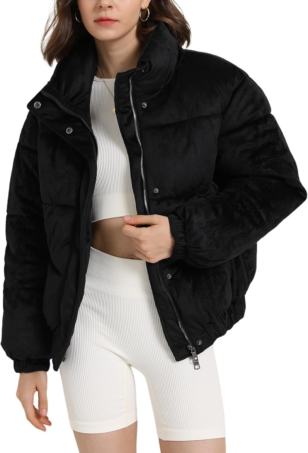 Women's Velvet Quilted Puffer Jacket Casual Short Zimbabwe Ubuy - Main Image
