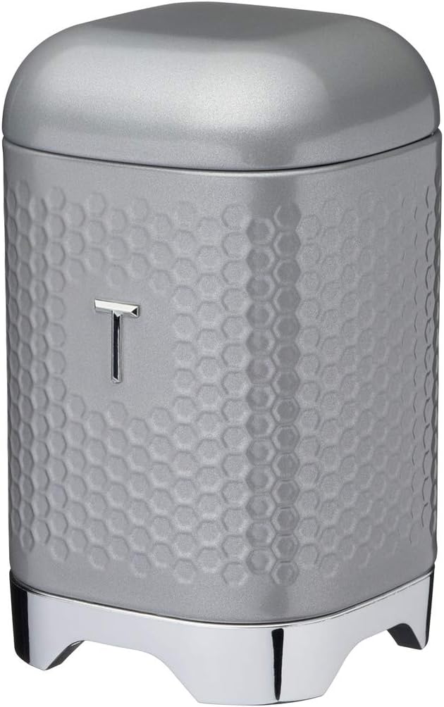 KitchenCraft Lovello Textured Tea Caddy with Geometric Hexagon Pattern, 11 x 11 x 19 cm (4.5" x 4.5" x 7.5") - Shadow Grey