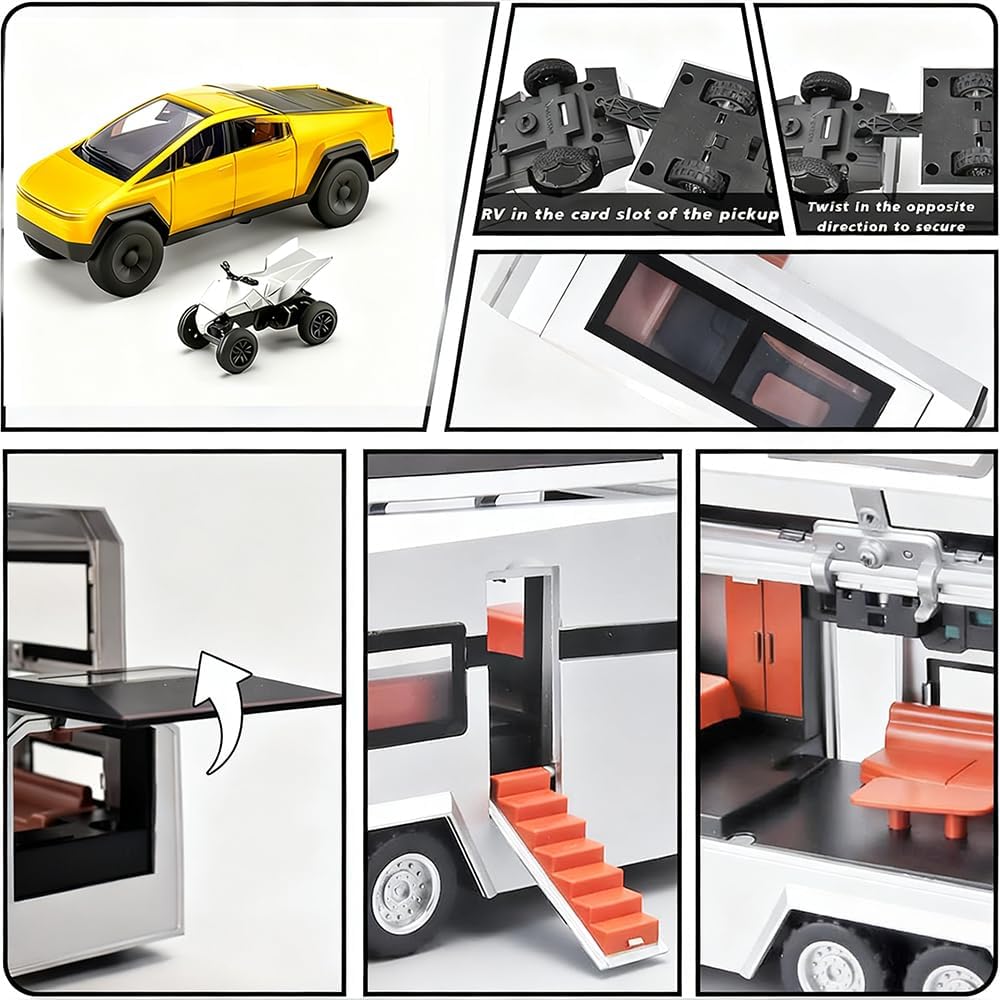 1/32 Toy Truck with RV and ATV Motorcycle Alloy Truck Model Camper Van Set with Sound and Light Effect Ideal Gift Age for 3+ Pull Back Cyber Toy Car Display Model