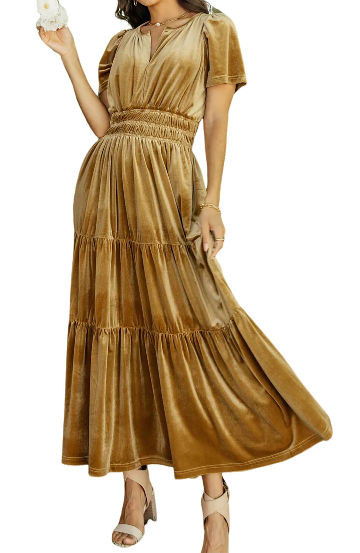 R.Vivimos Automne Hiver Femmes Velours Maxi Robe Manches Courtes V Col en échelons Ruffle Une Ligne Robe Vintage