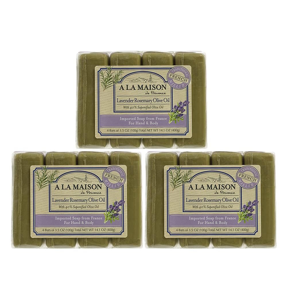 A LA MAISON Lavender Rosemary Olive Oil Bar Soap - Uses: Hand and Body, Triple Milled, Essential Oils, Plant Based, Vegan, Cruelty-Free, Alcohol & Paraben Free (12 Bars, 3.5 oz)