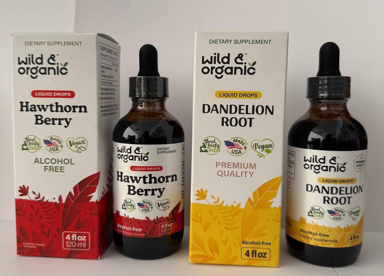 Wild & Organic Hawthorn Berry Tincture 4 fl oz & Dandelion Root Tincture 4 fl oz
