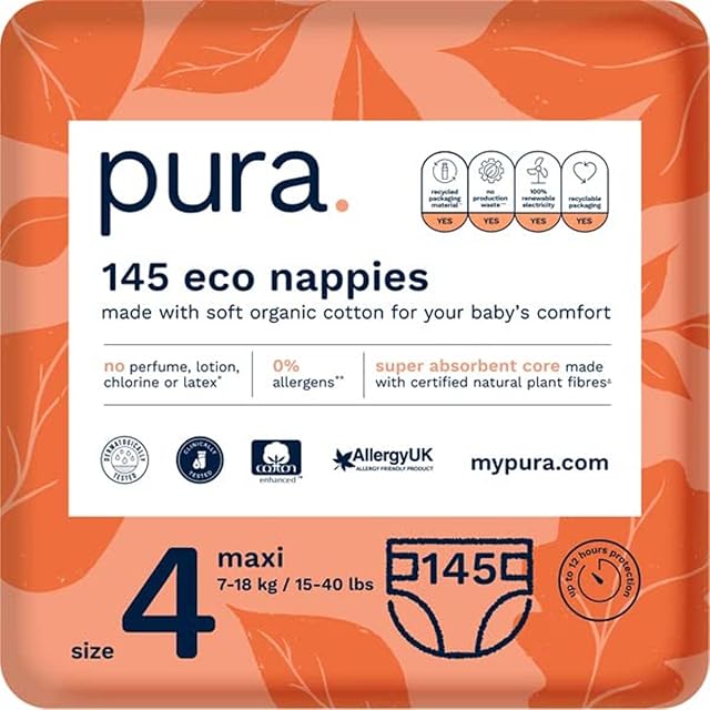 Pura Premium Eco Baby Toddler Nappies Size 4 (Maxi 7-18kg / 15-40 lbs) Monthly Pack 5 x 29 per pack, 145 Nappies, EU Ecolabel Certified, Made with Organic Cotton, up to 12 hour Leakage Protection