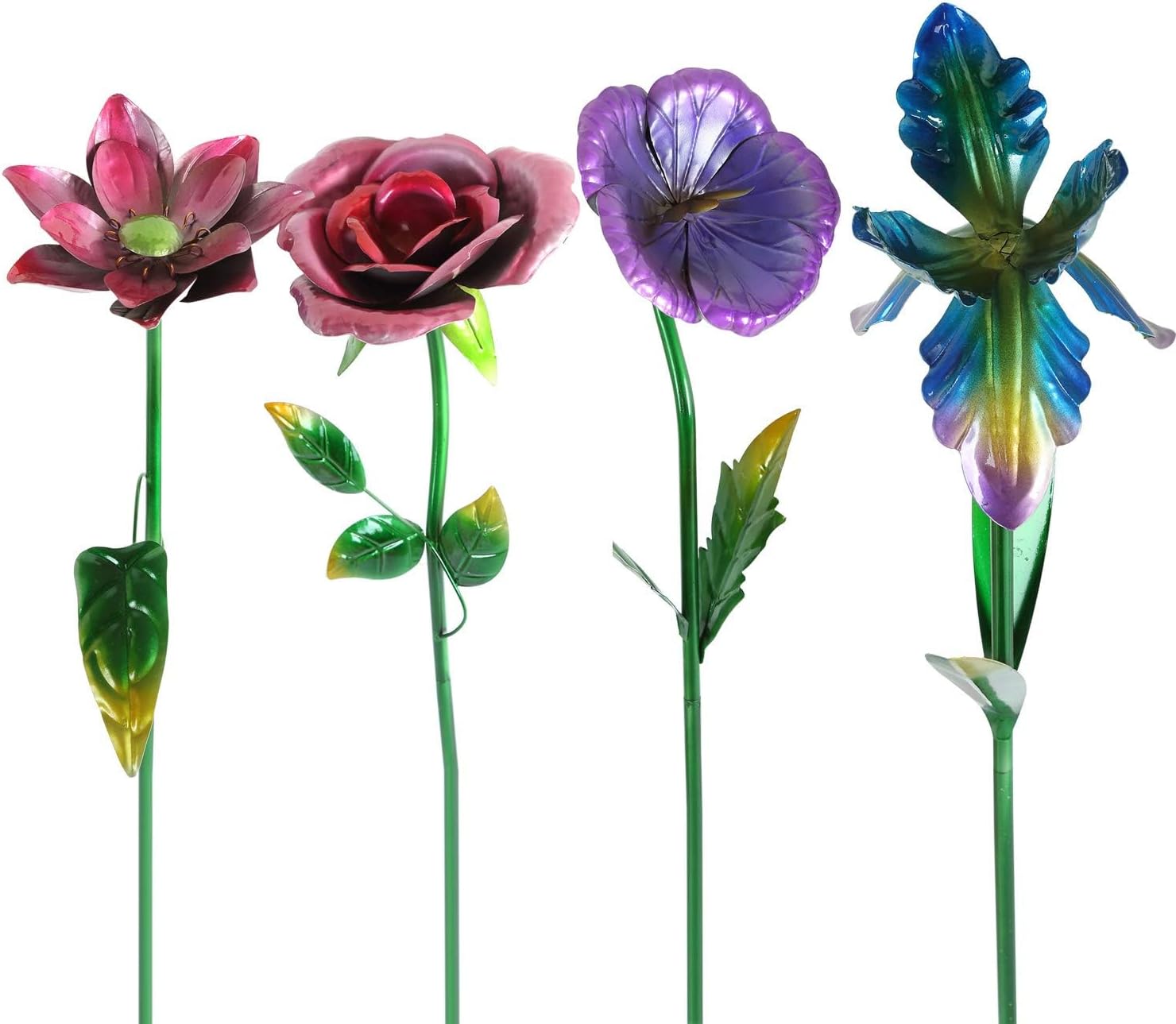Ivy Home Metal Flower Garden Stake Cute Metal Flower Stick Art Ornament Decor Spring Floral Outdoor Flower Garden Stakes, 4 Pcs