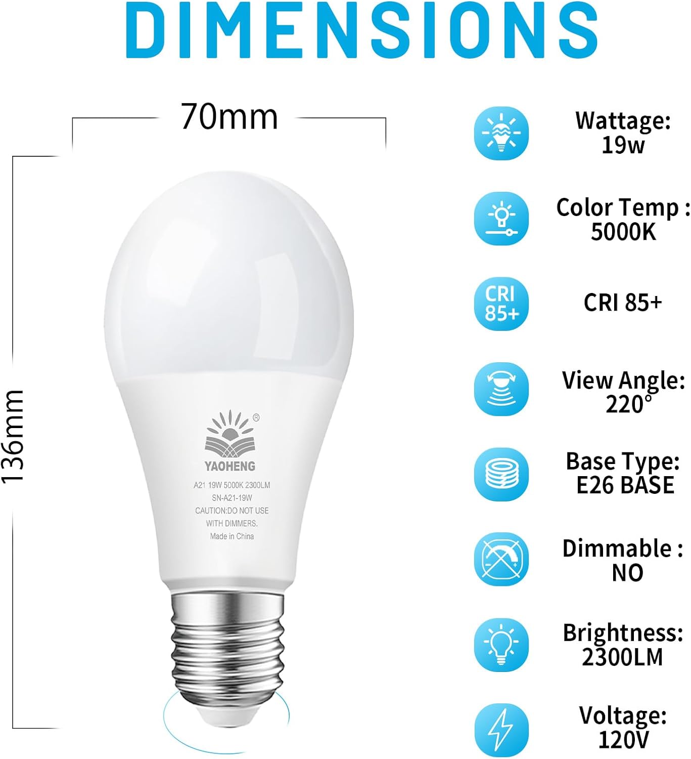A21 LED Light Bulb, 150 Watt Equivalent LED Bulbs, 19W 5000K Daylight, 2300 Lumens, Non-Dimmable, E26 Base, Super Bright Light Bulb Indoor, Energy Efficient ETL Listed, 12-Pack