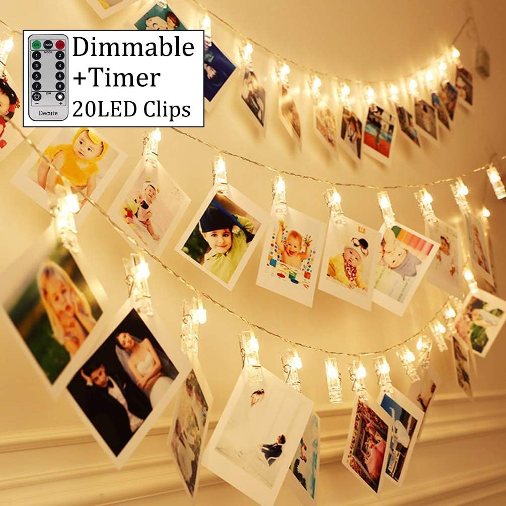Decute Dimmable 20LED Photo Clips String Lights Holder with Remote, Timer 8 Modes Fairy Lights for Hanging Christmas Cards Photos Pictures Memos, Warm White