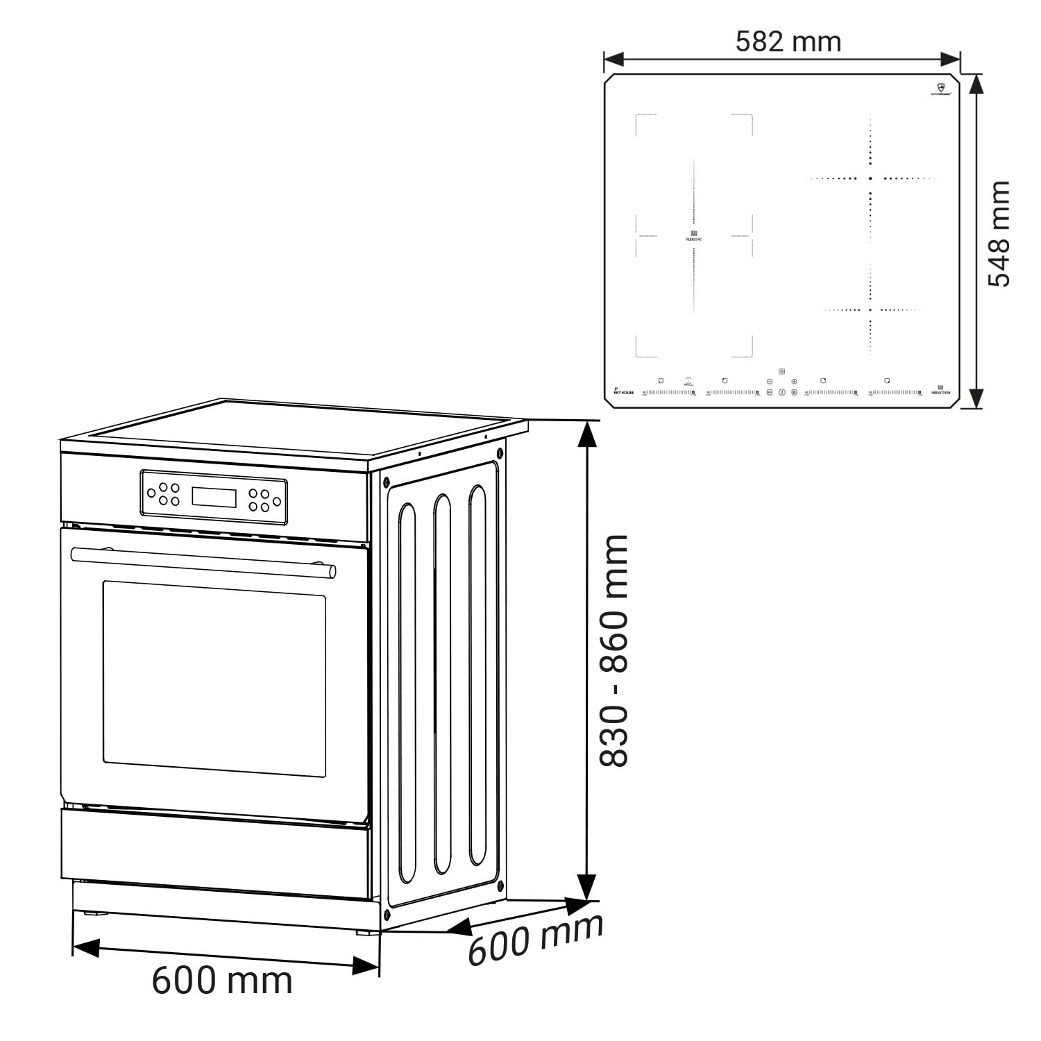 Freestanding cooker set 60 cm built-in oven 58 cm induction hob zones flex heat rotating automatic timer glass thermal insulation child safety touch control SH6313IND