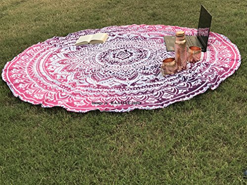 Raajsee Pink Ombre Round Beach Tapestry Hippie/Boho Beach Blanket Roundie/Indian Cotton Throw Bohemian Round Table Cloth/Yoga Mat Meditation Picnic Rugs 69 Inch Circle #TOP2