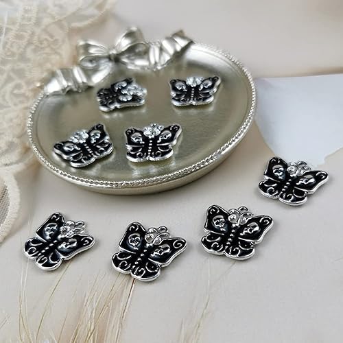 Miniatura 3 de 20 dijes de calavera de mariposa esmaltada, aleación esmaltada, joyería de calavera de mariposa, accesorios de mariposa negra chapados en plata,
