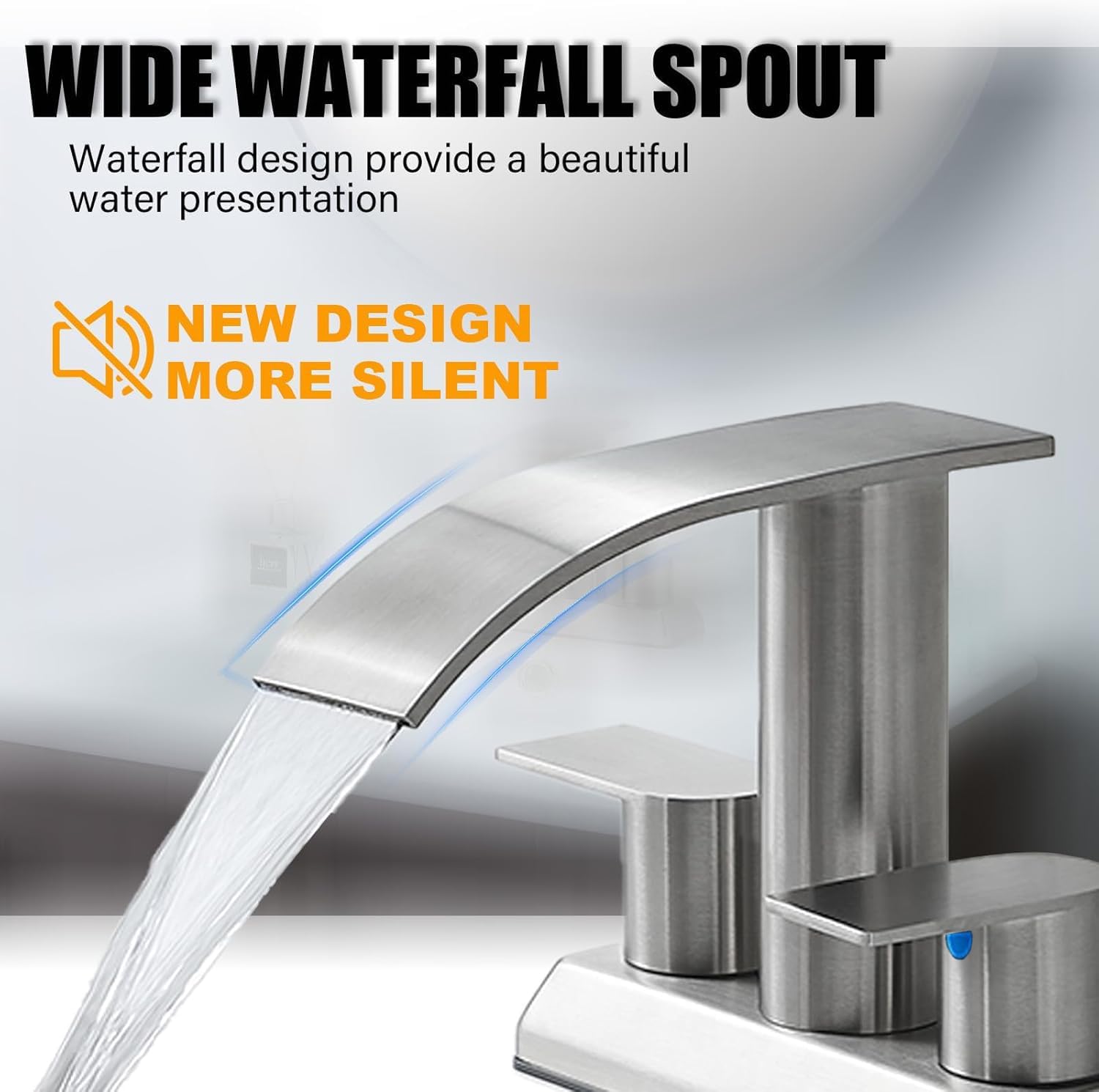 IKEBANA Brushed Nickel Waterfall Bathroom Faucet,2 Handle Stainless Steel 4 inch Bathroom Sink Faucet Modern Waterfall Spout Faucets Lead-Free Faucets with Supply Hoses and Pop-up Drain, IK-ZT2317L