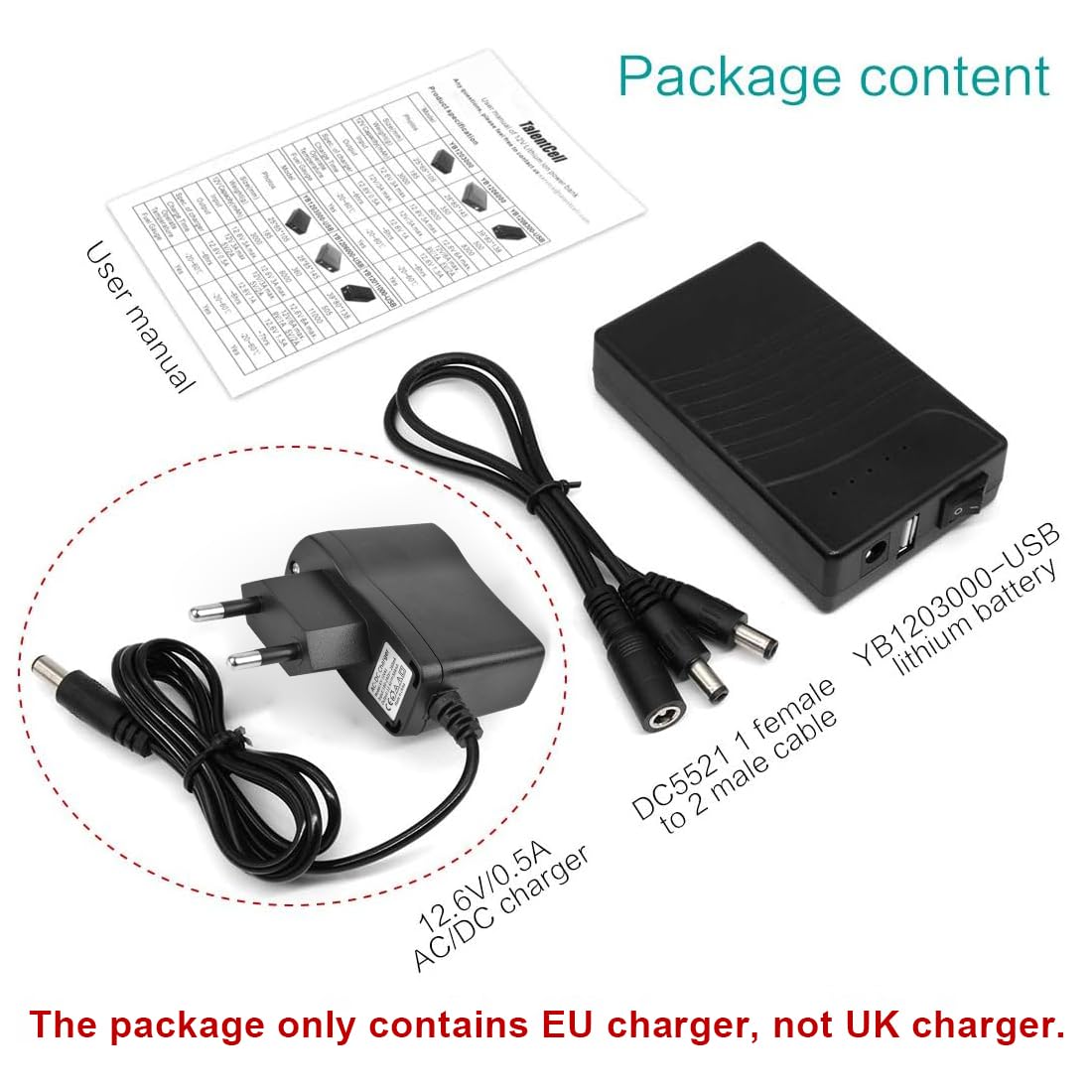 TalentCell Power Bank Batterie lithium-ion externe, rechargeable, 36 W, 12 V, 3000 mAh, double sortie de 12 V/5 V, avec chargeur, pour bandes lumineuses LED, caméra CCTV, et bien d’autres, noire