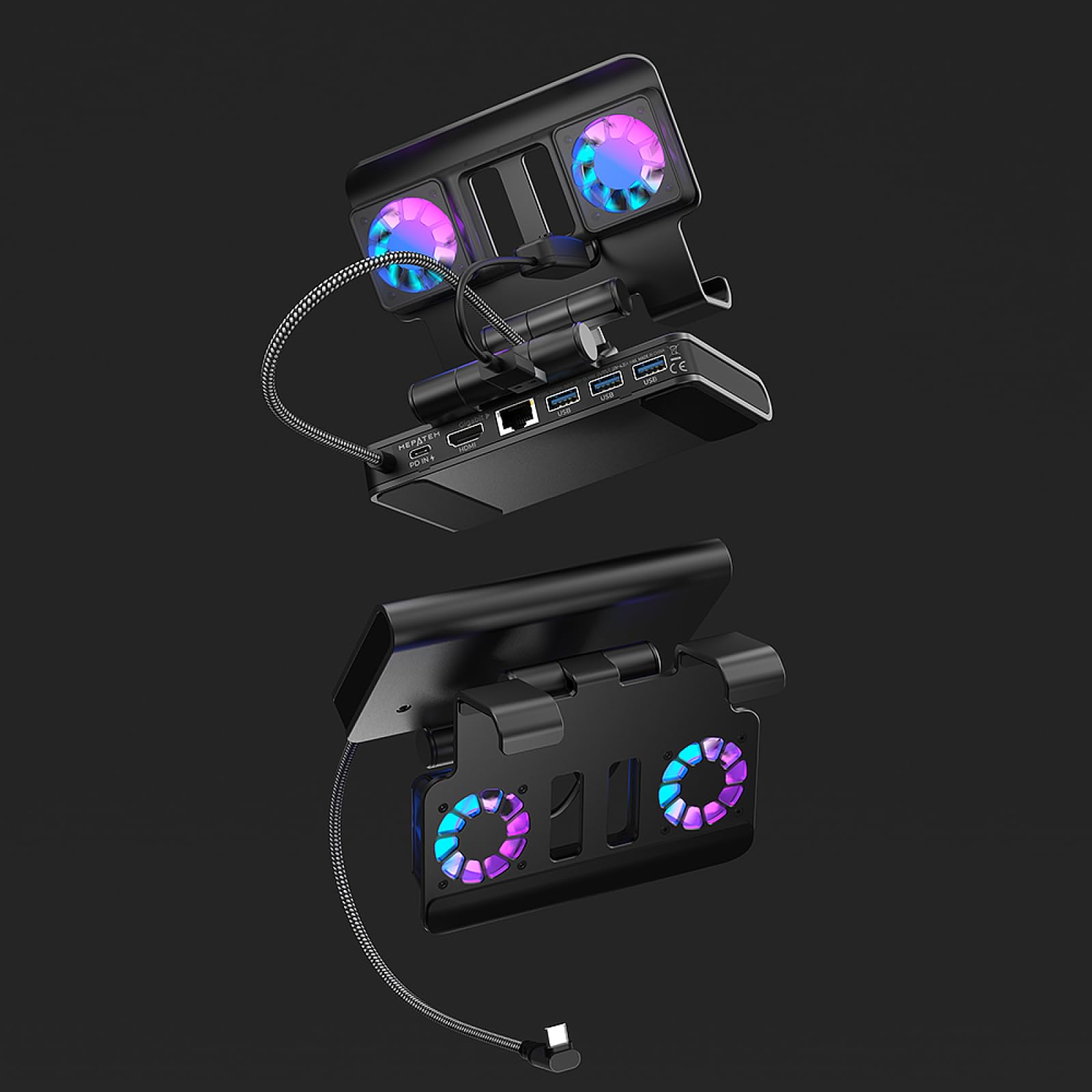 Estación de acoplamiento para ROG Ally X para Steam Deck, para MSI Claw, para LEGION Go con ventiladores duales 4K 144Hz HDMI 2.1 100W PD USB 3.2 Gigabit Ethernet Soporte ajustable (con luces)