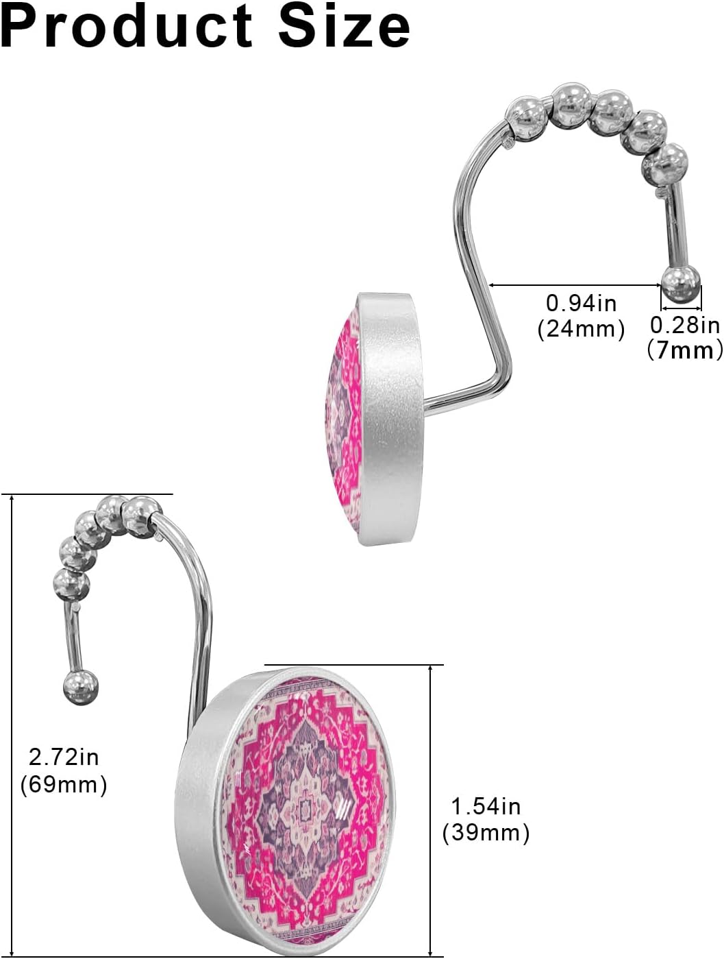 Shower Curtain Hooks 12 Pcs, Geometric Abstract Carpet Mural Pattern Stainless Steel Rust Proof Rolling Shower Curtain Rings, Decorative Shower Curtain Hooks Hangers for Bathroom