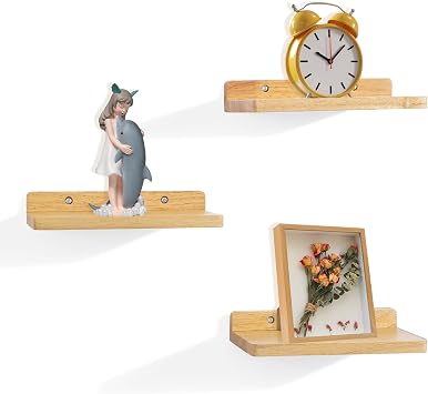 Small Floating Shelves for Wall,5x8.5 Inches Wall Shelf Set of 3,Display Shelf for Bedroom, Bathroom, Kitchen Decor Wood Color