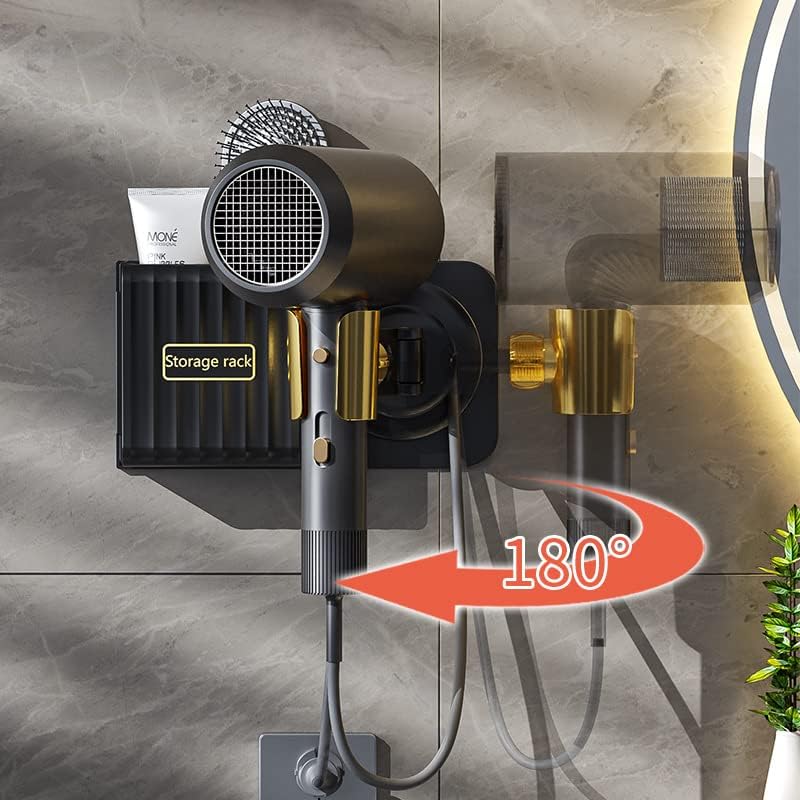 Hosoncovy Hair Dryer Wall Mount Holder with Storage Box with Swivel Arm Holder,Free Your Hands (Black)