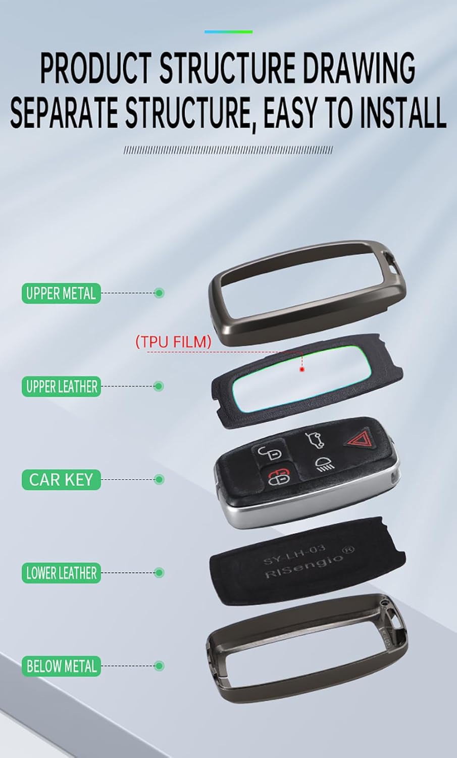 SANRILY PU Leather Key Fob Cover Case Compatible with Land Rover LR4 Fit for Range Rover Sport 2010 2011 2012 2013 Keyless with Leather Keychain Black-green - Image 5