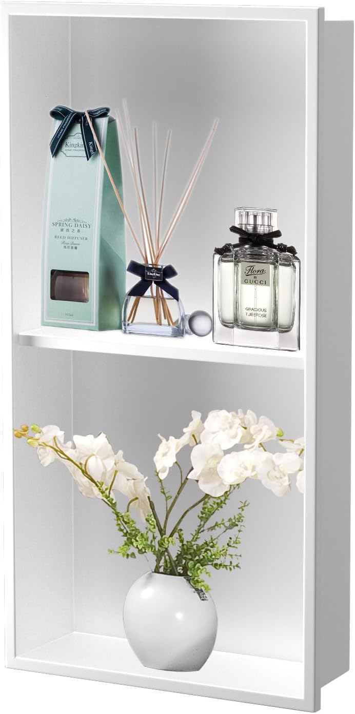 Homevacious 12"×24" Stainless Steel Shower Niche No Tile Needed White Double Shelves Bathroom Shelf Rimless Recessed Wall Niche for Bathroom Storage