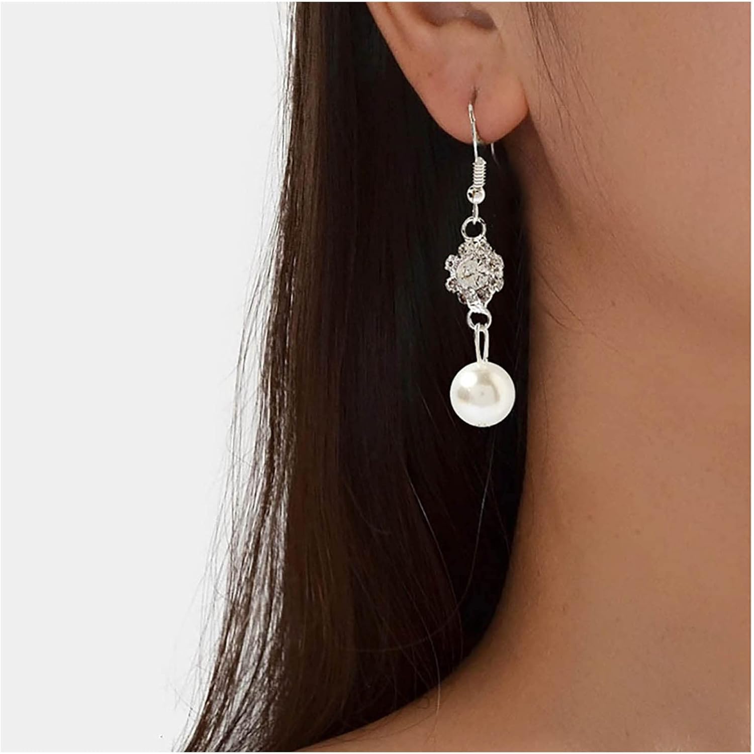 Andelaisi Boho Crystal Pearl Dangle Earrings Silver Rhinestone Pearl Drop Earrings Vintage Crystal Hook Earrings Sparkly Cz Pearl Earrings Jewelry for Women - Image 2