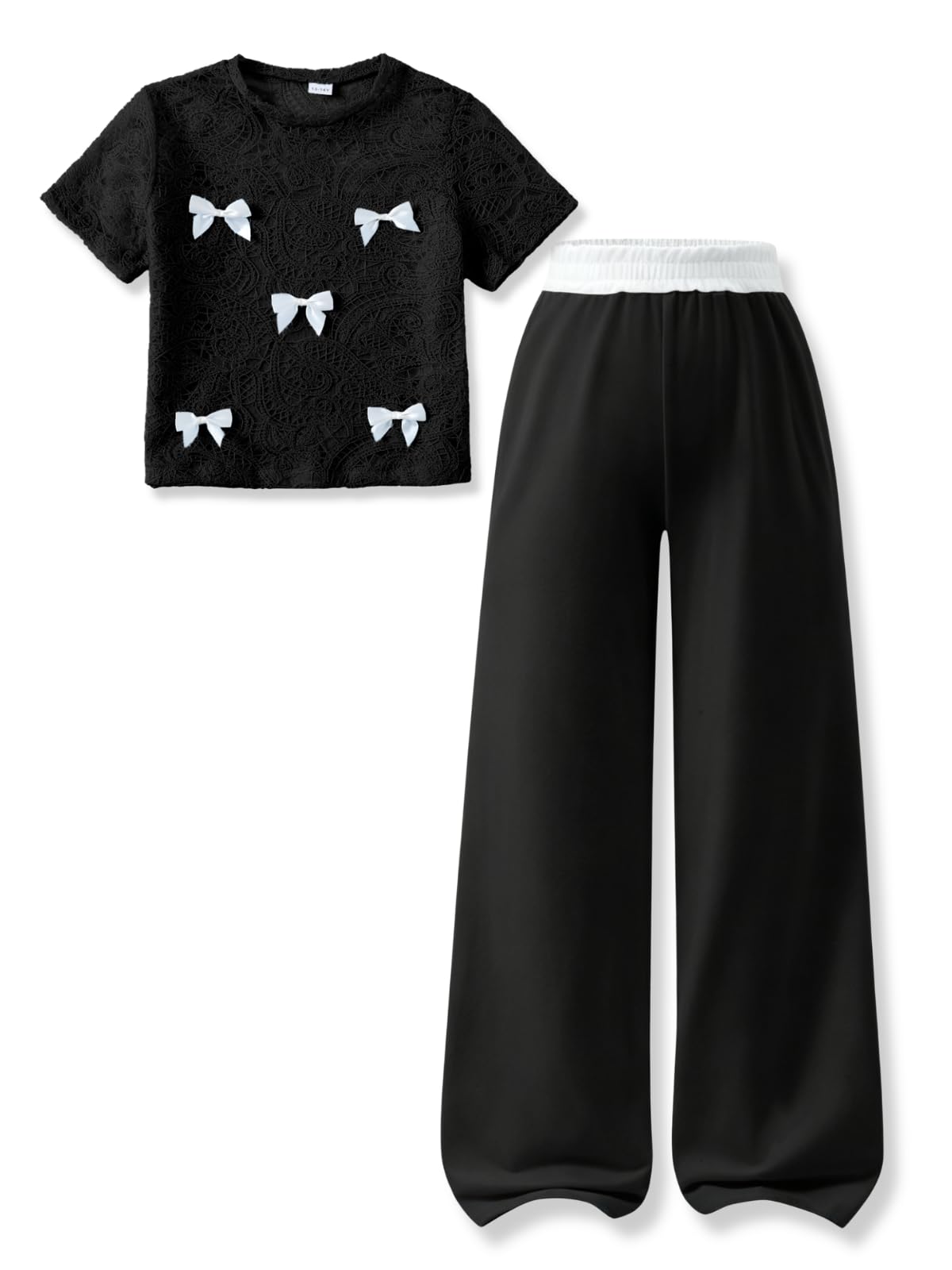 Girls Clothes 2 Piece Short Sleeve Lace Bow Print Tops Flared Pants Set Little Girl Outfits Size 7-14