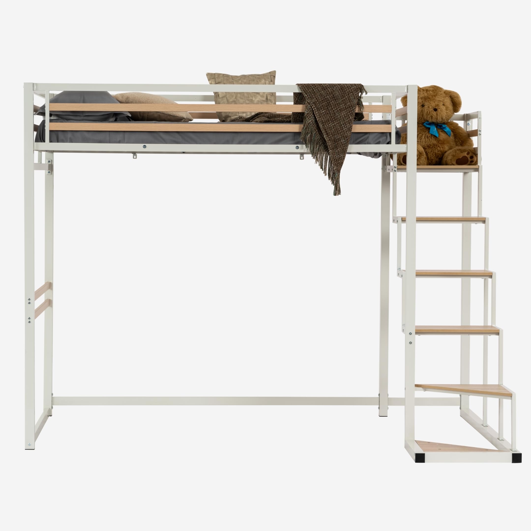 MEUBLE COSY Letto a Soppalco 140 x 200 cm con Rete a Doghe in Legno di Ingegneria e Metallo, Stile industriale, Letti per Camerette, Adulti, Bambini, Casa, Bianco+Quercia