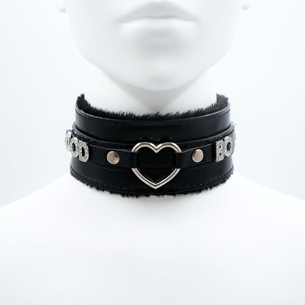 Pink Furry Heart O-ring Leather Choker Collar For Women