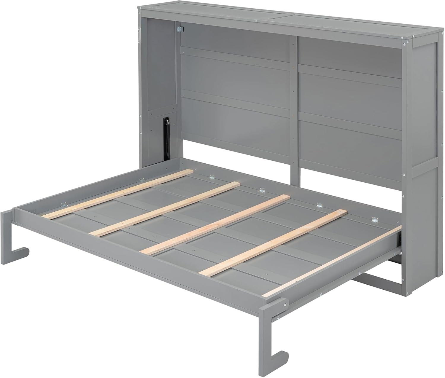 Murphy Bed Queen Size, Wood Cabinet Bed Frame with A Storage Shelf, Modern Foldable Wall Bed for Home Office Studio, No Box Spring Needed, Gray