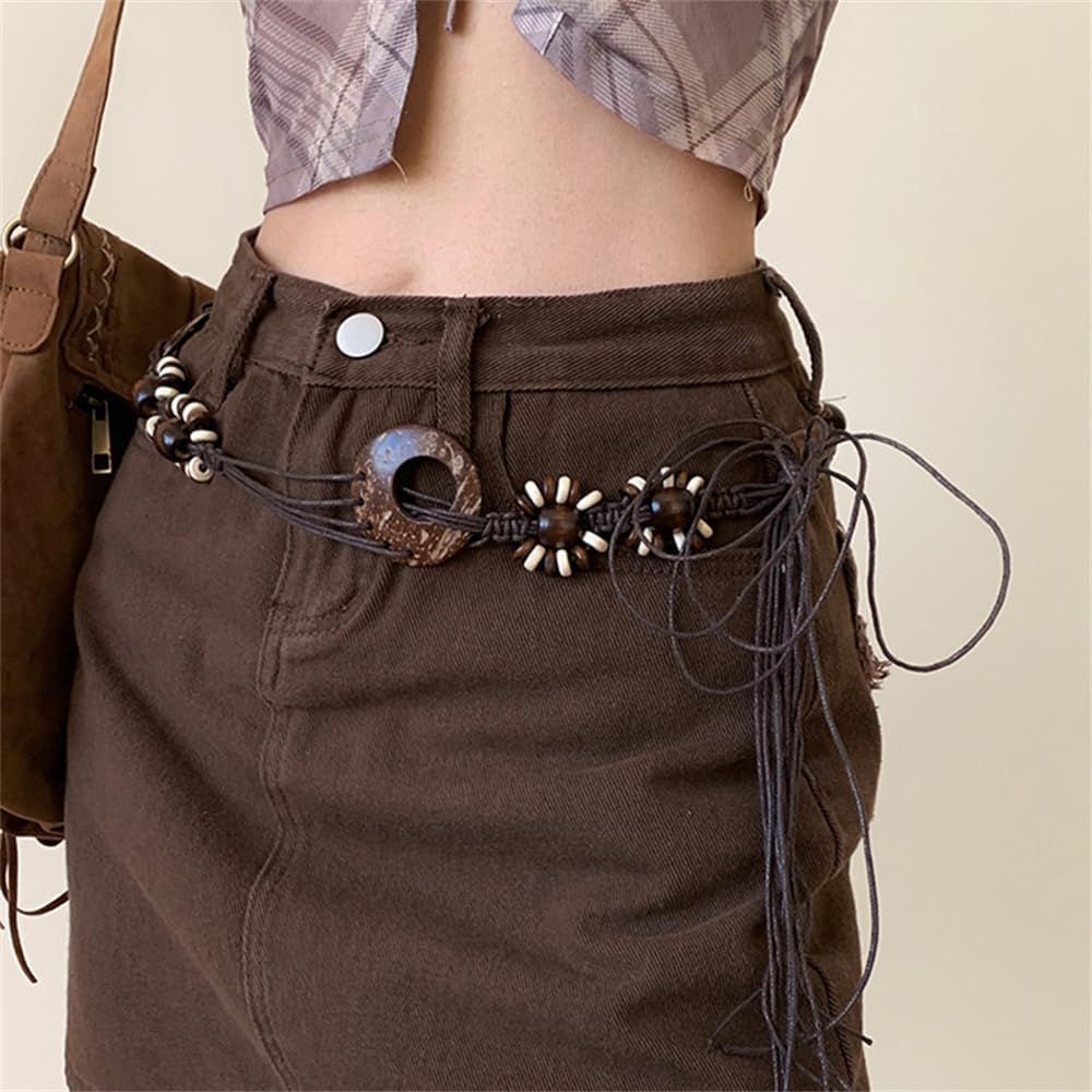 Bohemian Braided Waist Belly Chain for Women Brown Wooden Beaded Flower Body Chains Geometry Circle Woven Rope Belt Chains Jewelry for Jeans Dress Accessories - Image 2