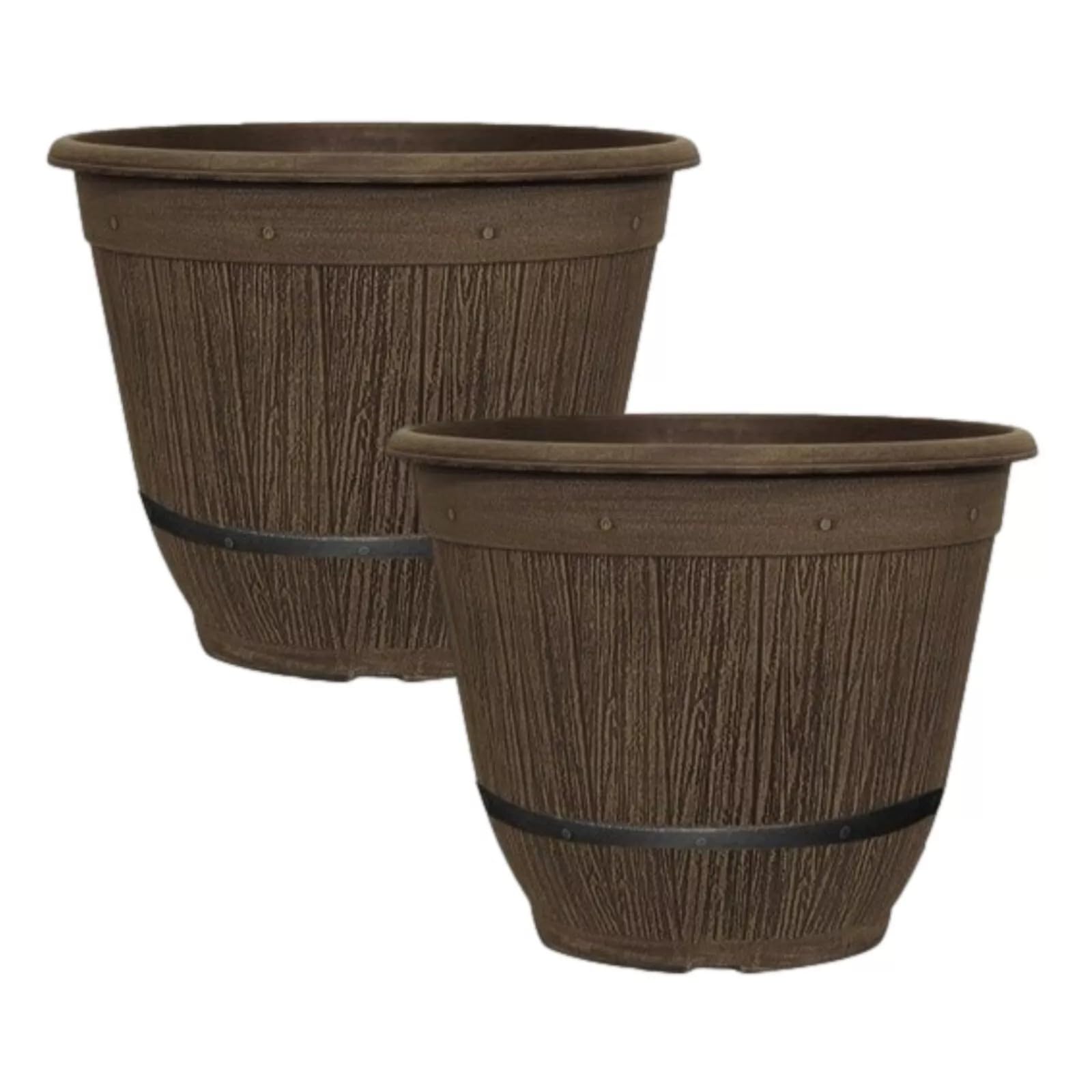 Fyne-Finds Brown Round Plant Pot Plastic 35Cm, 14Inch Cask Bell With Band 17L Garden Patio Indoor Outdoor Planter Cover Drainage Holes, Weather, Frost Proof (2)
