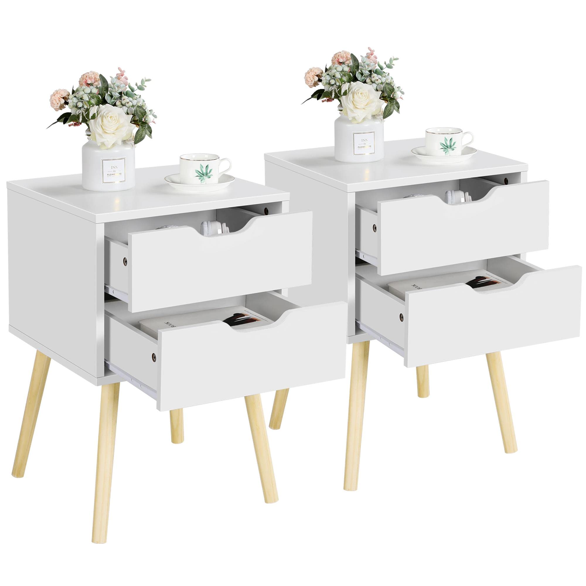 Yaheetech 2pcs Mesillas de Noche con Dos Cajones | Mesita de Noche Modernopara Dormitorio Mesa Auxiliar de Madera para Sala de Estar 40x40x61cm Blanca