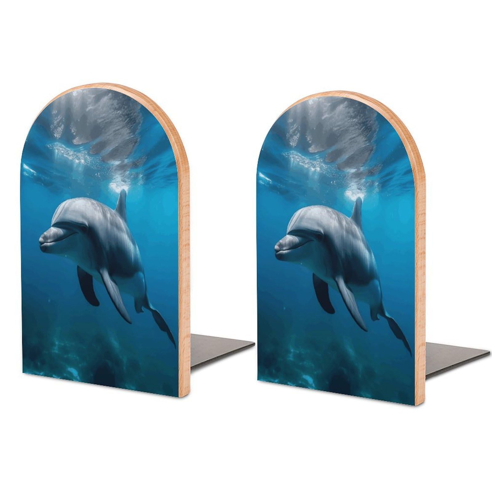 Dolphins in The Ocean1 Bookend for Shelves Non-Skid Book Holder Modern Heavy Duty Bookend Stopper Metal Base Wood Book End Books Shelf Holder Home Decorative 1pair 5x3.9x3.1