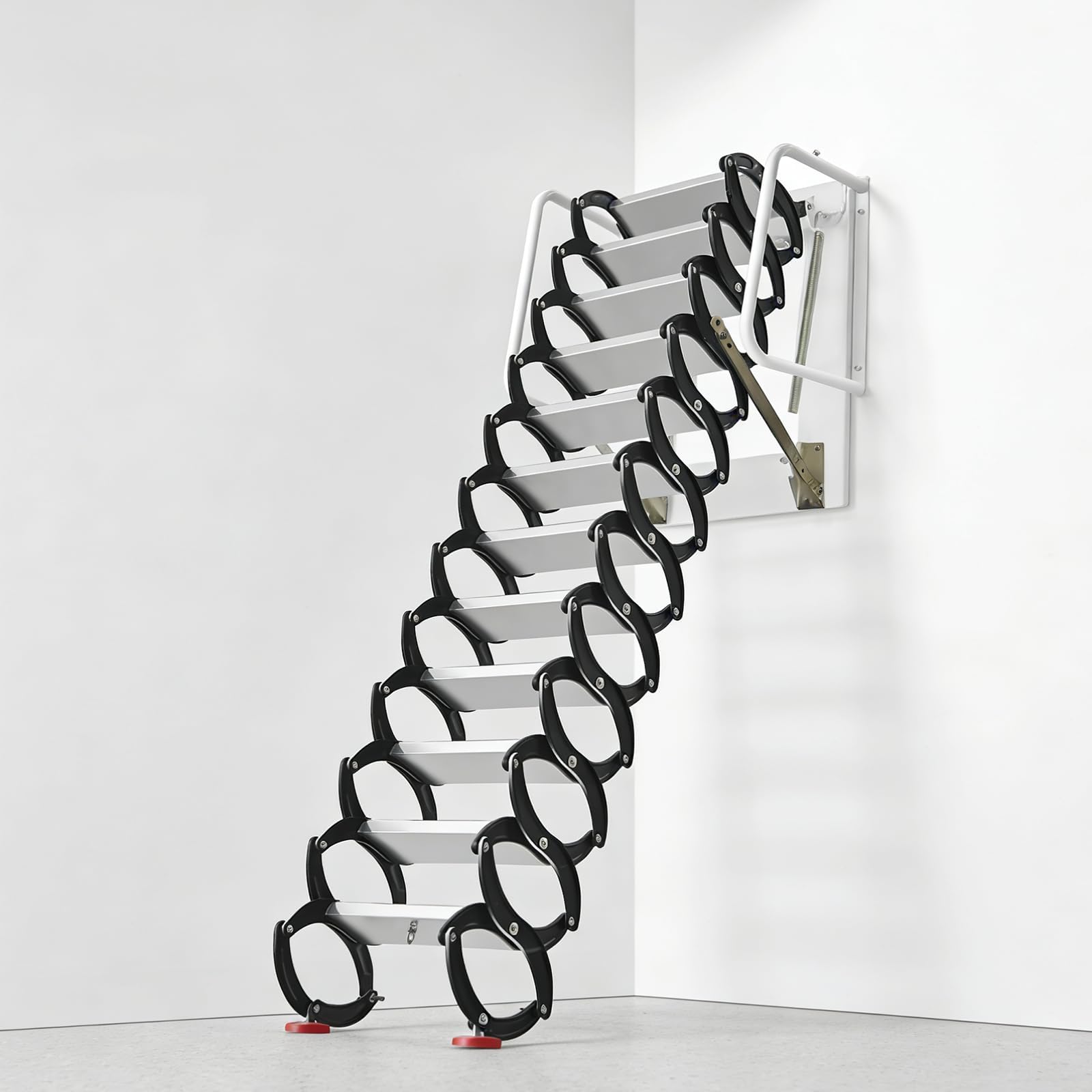 Attic Ladder Pull Down System Wall Mounted, 12 Steps Folding Loft Stairs, Adjustable Height Up to 9.84 FT, Heavy Duty Alloy Steel, 900 lbs Capacity, Space Saving for Attic, Garage, Basement